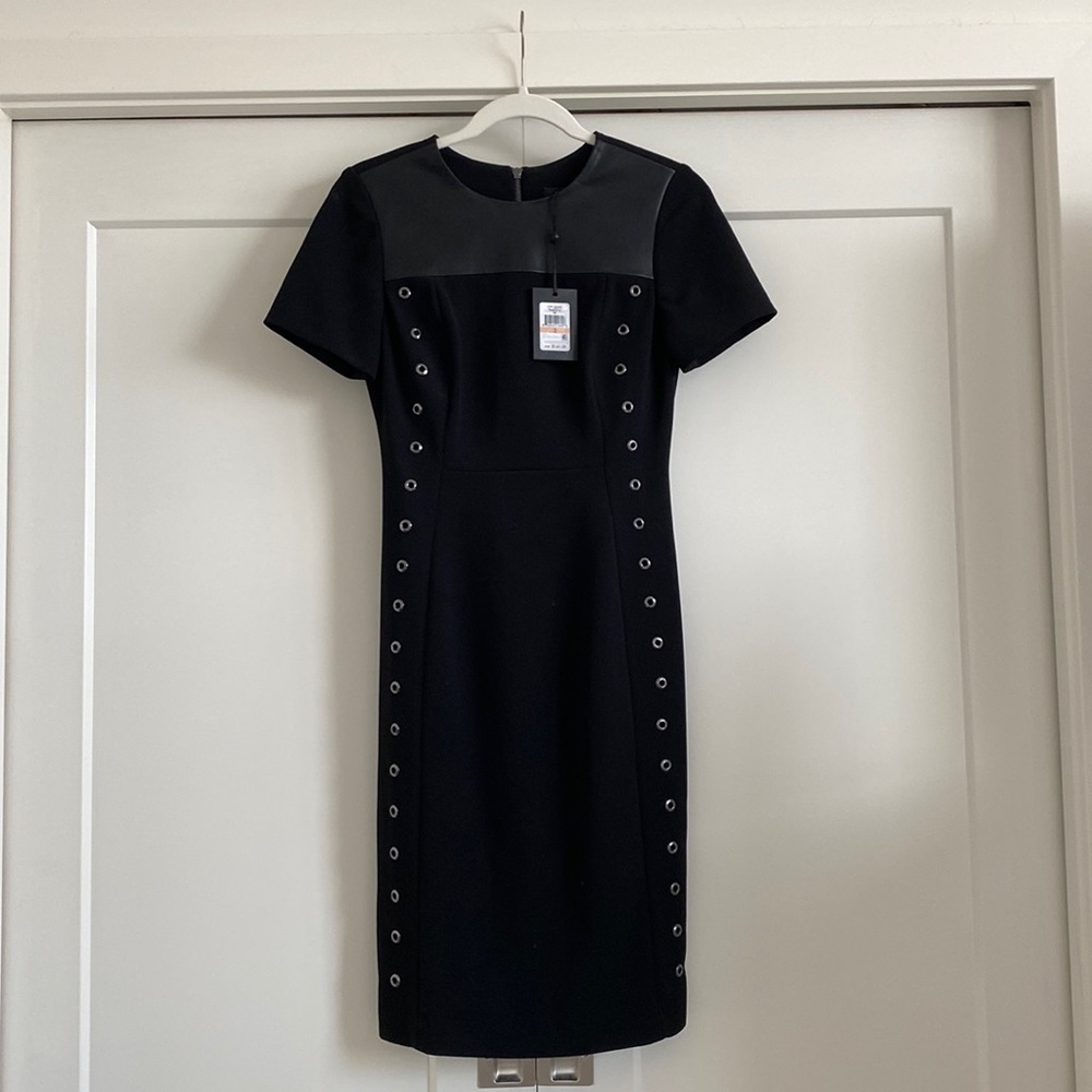 DKNY Black Mixed Media Fitted Midi Dress